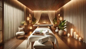 Dall·e 2025 01 07 15.34.37 A Wide Angle View Of A Luxury Spa Massage Room, Where The Massage Table Is The Main Focus. The Table Features Soft, Plush White Linens, Neatly Arrange